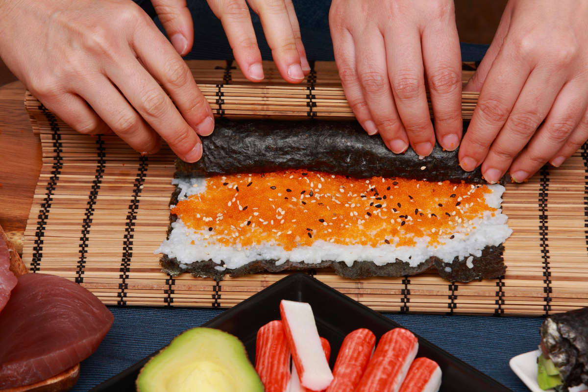 Fresh sushi rolls close-up at NYC catering event